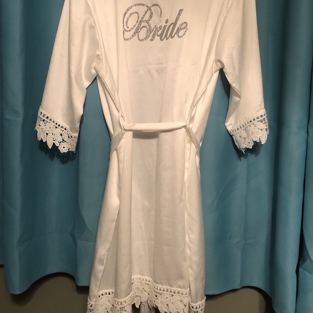 Bride silk robe with “J” initial and lace
